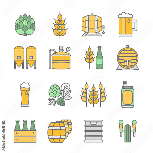 Beer and brewery line icons set