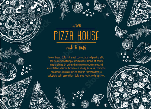 Pizza design template. Vector illustration drawn in ink. Vintage design for pizzeria