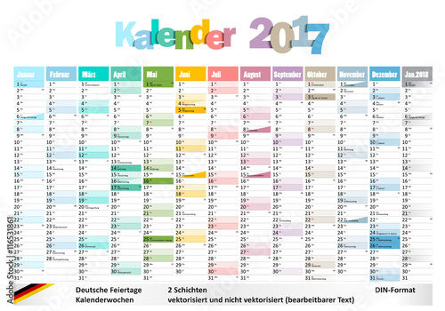 Kalender 2017 mit deutschen Feiertagen und Kw's