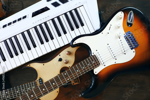 Electric guitars and synthesizer closeup