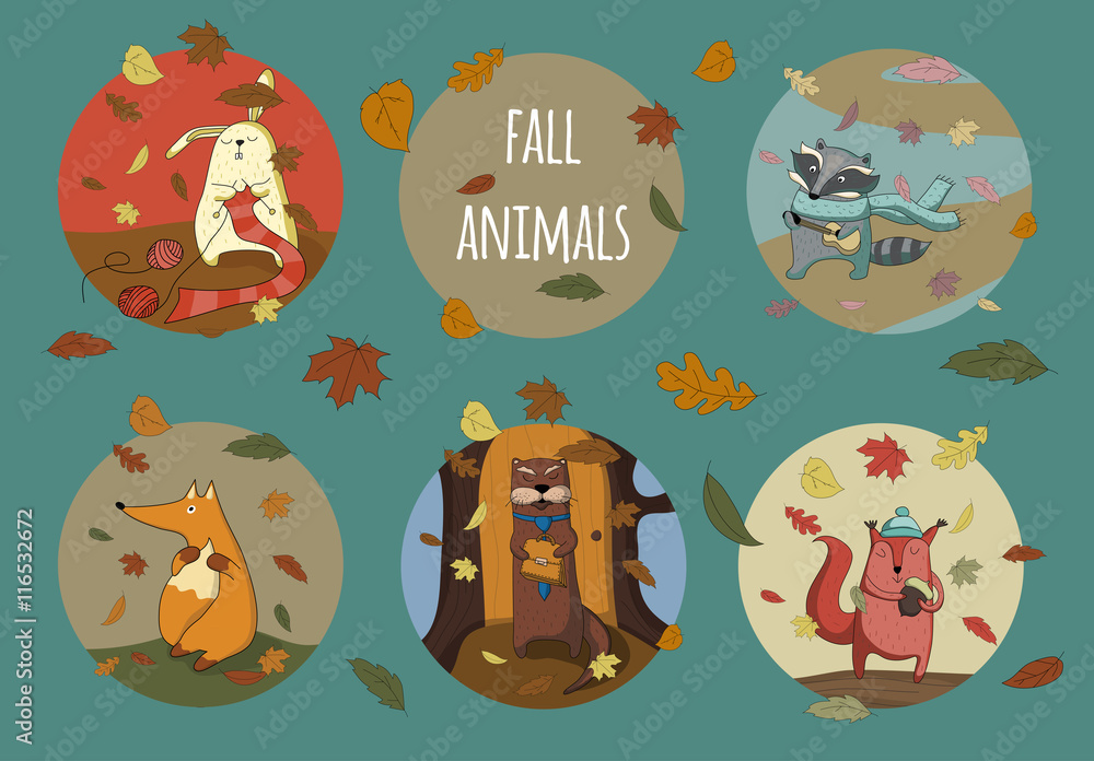 Fototapeta premium set of fall cute animals