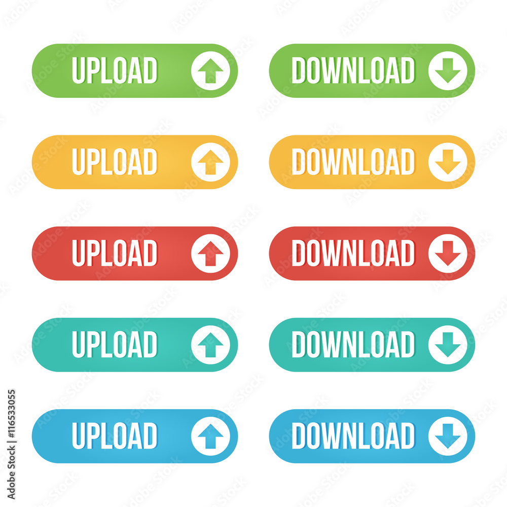 Colorful upload and download flat design web button set, collection isolated on white background. Colorful upload and download flat design web button set, collection isolated on white background.