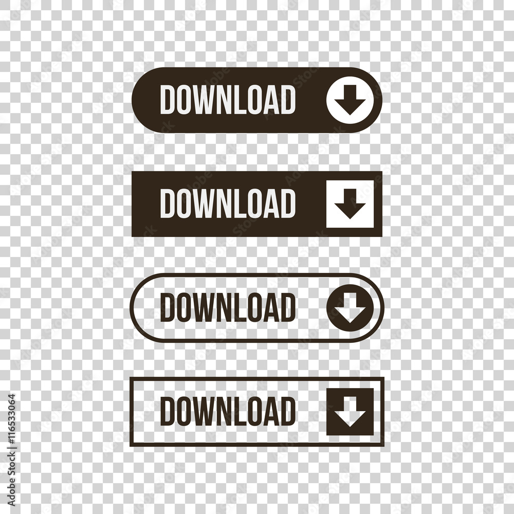 Monochrome download flat design, outlined web button set, collection on transparent background.
