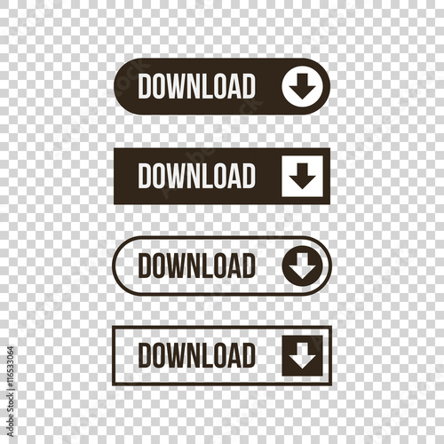 Monochrome download flat design, outlined web button set, collection on transparent background.