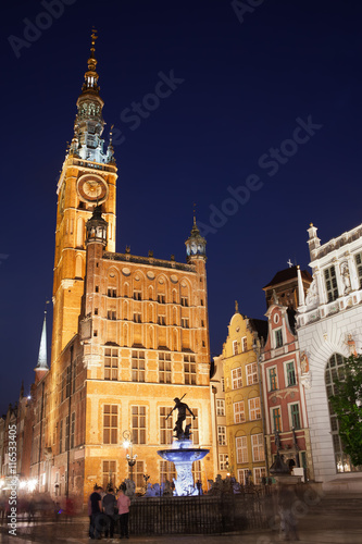 Gdansk Town Hall and Neptune Fountain by Night