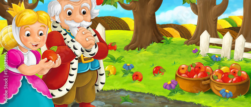 Cartoon scene with royal pair visiting farm garden during beautiful day - illustration for children photo