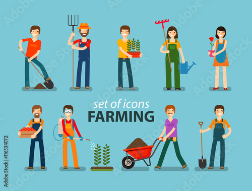 Farming and gardening icon set. People at work on the farm. Vector illustration