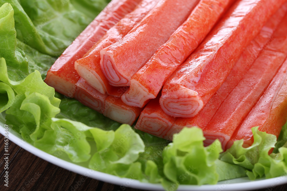 Surimi crab stick closeup on the plate Surimi crab stick closeup on the plate