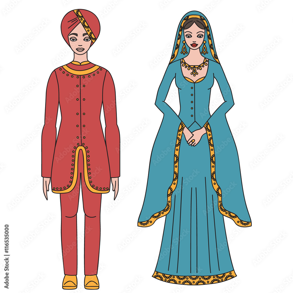Traditional turkish clothing, national middle east cloth, man and woman  sultan costume isolated, turkish dress Stock Vector