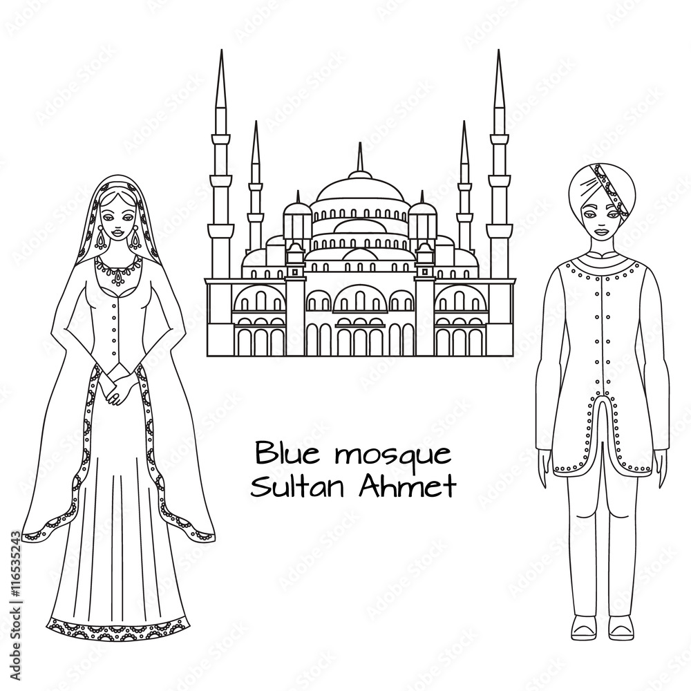 Traditional turkish clothing, national middle east cloth, man and woman  sultan costume isolated, turkish dress Stock Vector