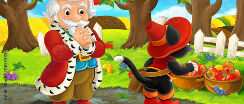 Cartoon scene with king and cat traveler visiting apple garden during beautiful day - illustration for children