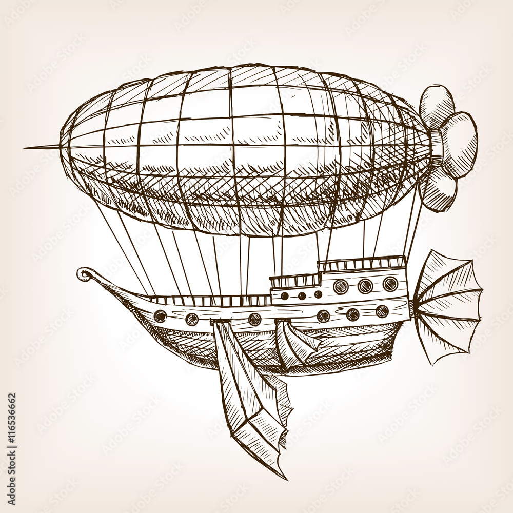 Naklejka premium Steampunk mechanical flying airship sketch vector