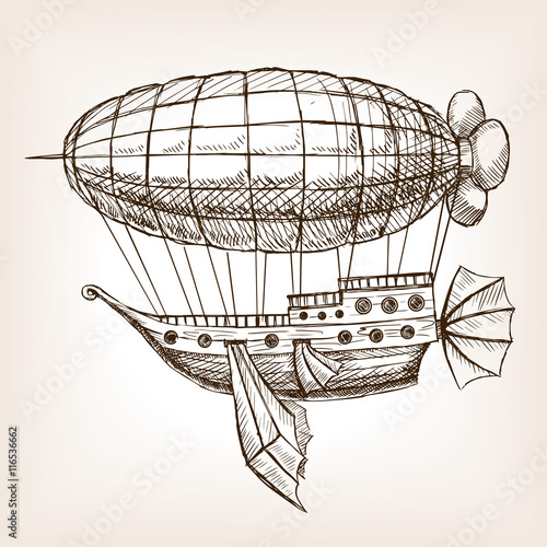Steampunk mechanical flying airship sketch vector