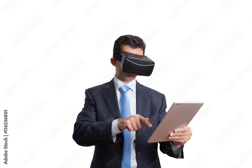 businessman playing virtual reality simulation businessman playing virtual reality simulation