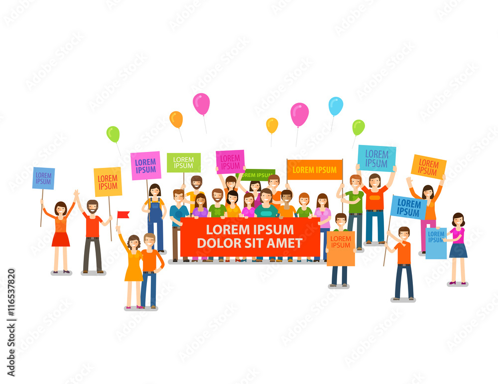 Holiday or demonstration, rally. Crowd of people with placards. Vector illustration