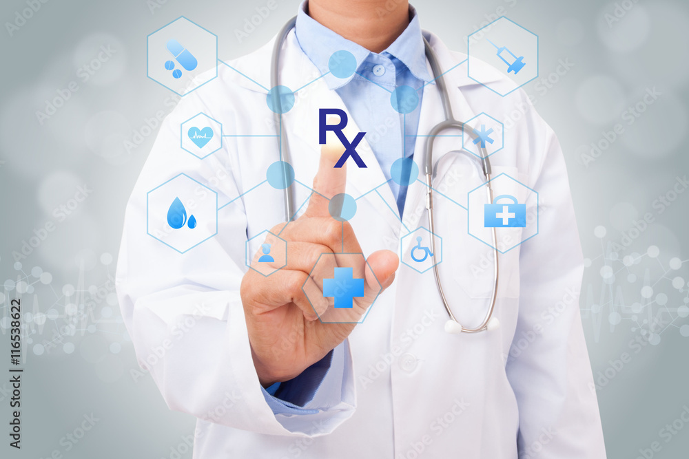 Doctor hand touching Rx sign on virtual screen. medical concept Doctor hand touching Rx sign on virtual screen. medical concept
