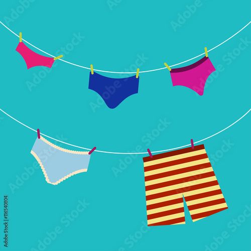 Panties on the rope Vector illustration Many different panties weigh on the white ropes