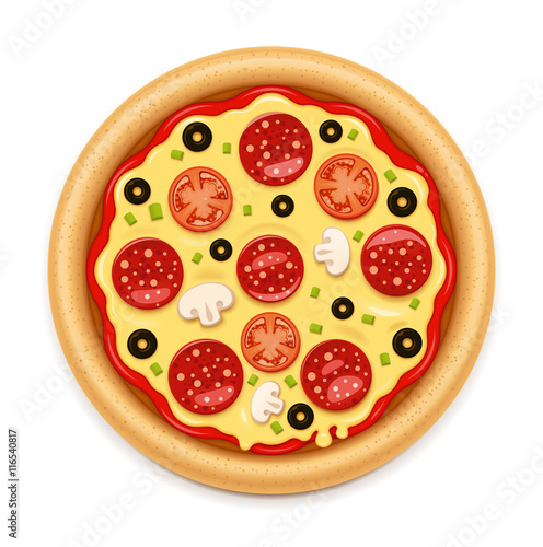 Vector detailed hot pizza with sticky cheese and salami icon