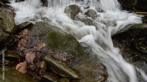 Mountain stream with stones close up in wood