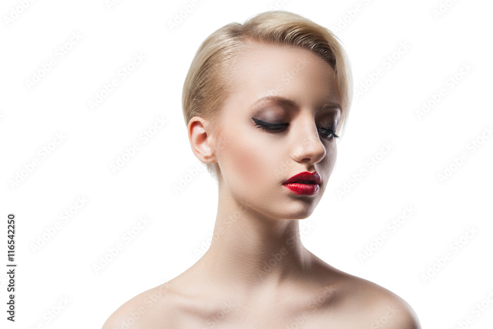 Beautiful young model with blonde short hair and red lips Beautiful young model with blonde short hair and red lips
