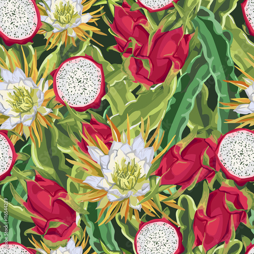 Seamless pattern of exotic fruits. Dragon fruit.