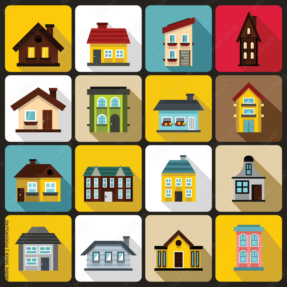 House icons set in flat style. Real estate set collection vector illustration