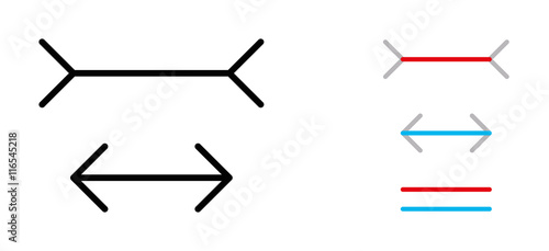 Muller-Lyer optical illusion. The line with outward wings appears to be about thirty percent longer than the line with inward wings, but the lines have the same length. Illustration.