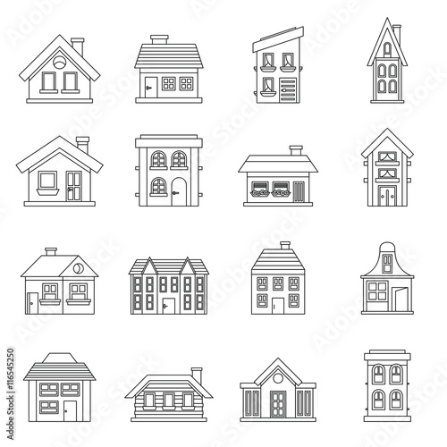 House icons set in outline style. Real estate set collection vector illustration