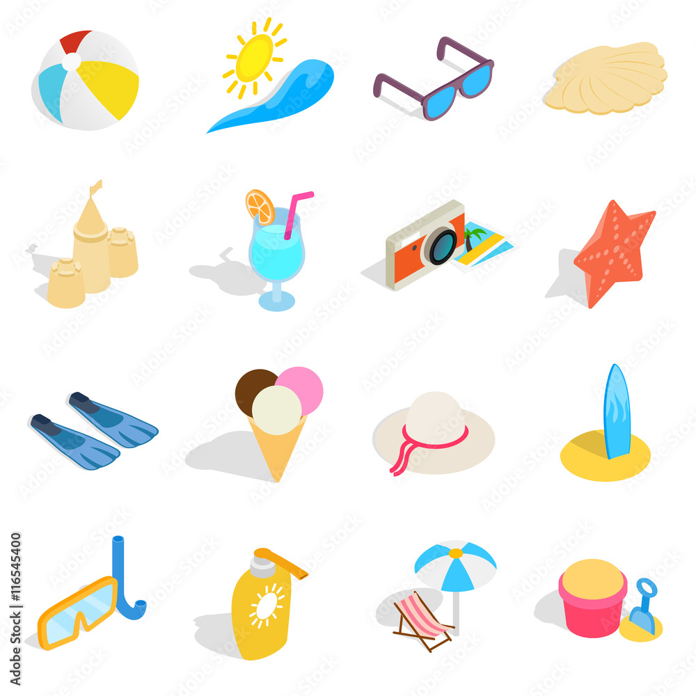 Beach icons set in isometric 3d style. Summer holiday elements set collection vector illustration