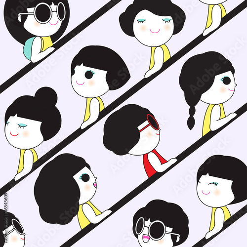 Women Shoppers On Crowded Escalator In Shopping Mall Character illustration set