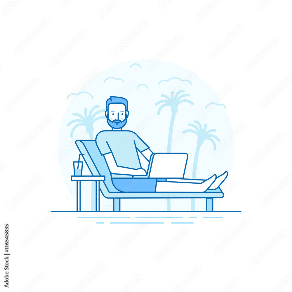 Vector illustration in flat linear style and blue colors - remot Vector illustration in flat linear style and blue colors - remot