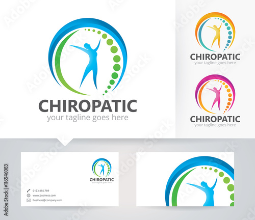 Chiropractic center vector logo with alternative colors and business card template