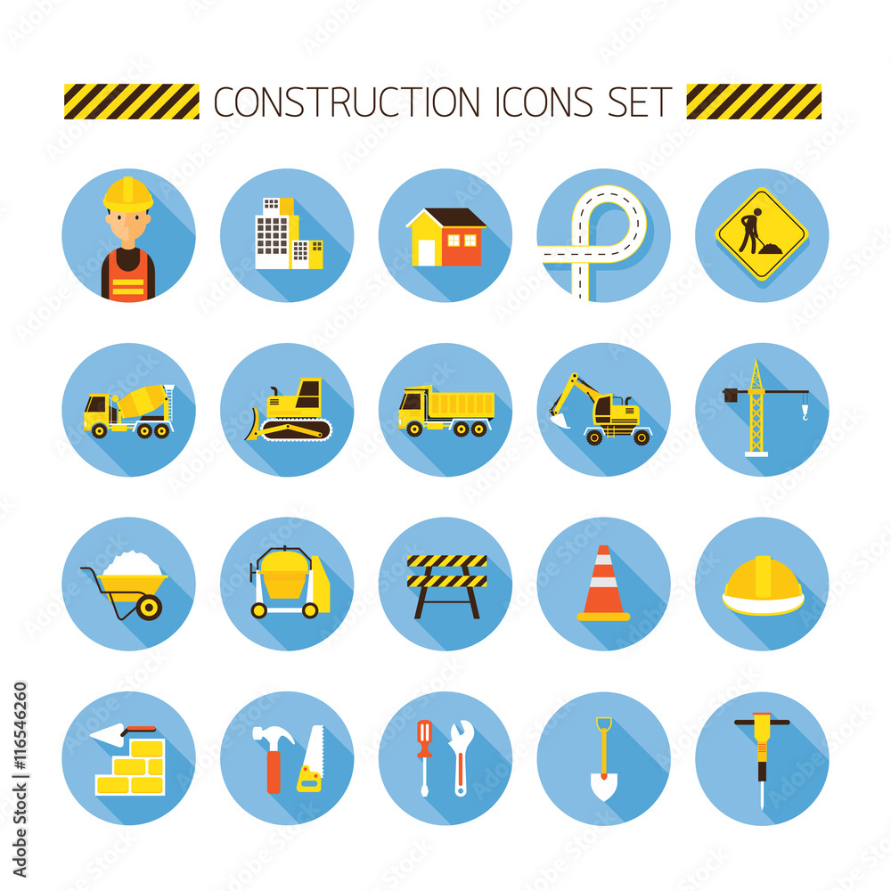 Construction Objects Flat Icons Set, Worker, Equipment, Vehicles Construction Objects Flat Icons Set, Worker, Equipment, Vehicles