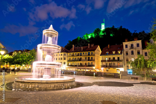 Ljubljana fountain and castle evening view