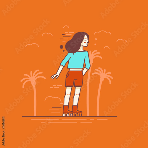 Vector illustration in flat linear style and blue colors - girl