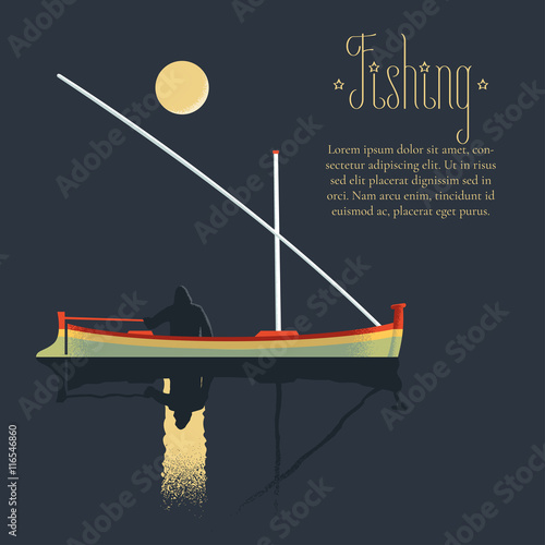 Fisherman fishing at night vector illustration