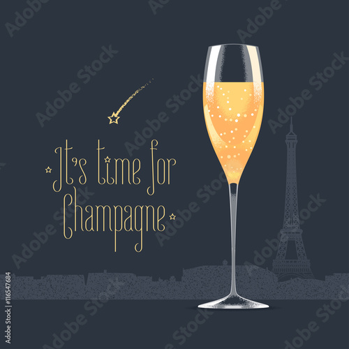 French Eiffel tower and glass of champagne vector illustration