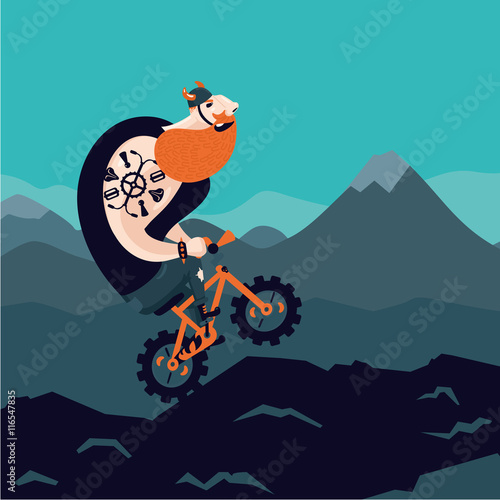 Mountain bike. Big man cycling. Cartoon illustration