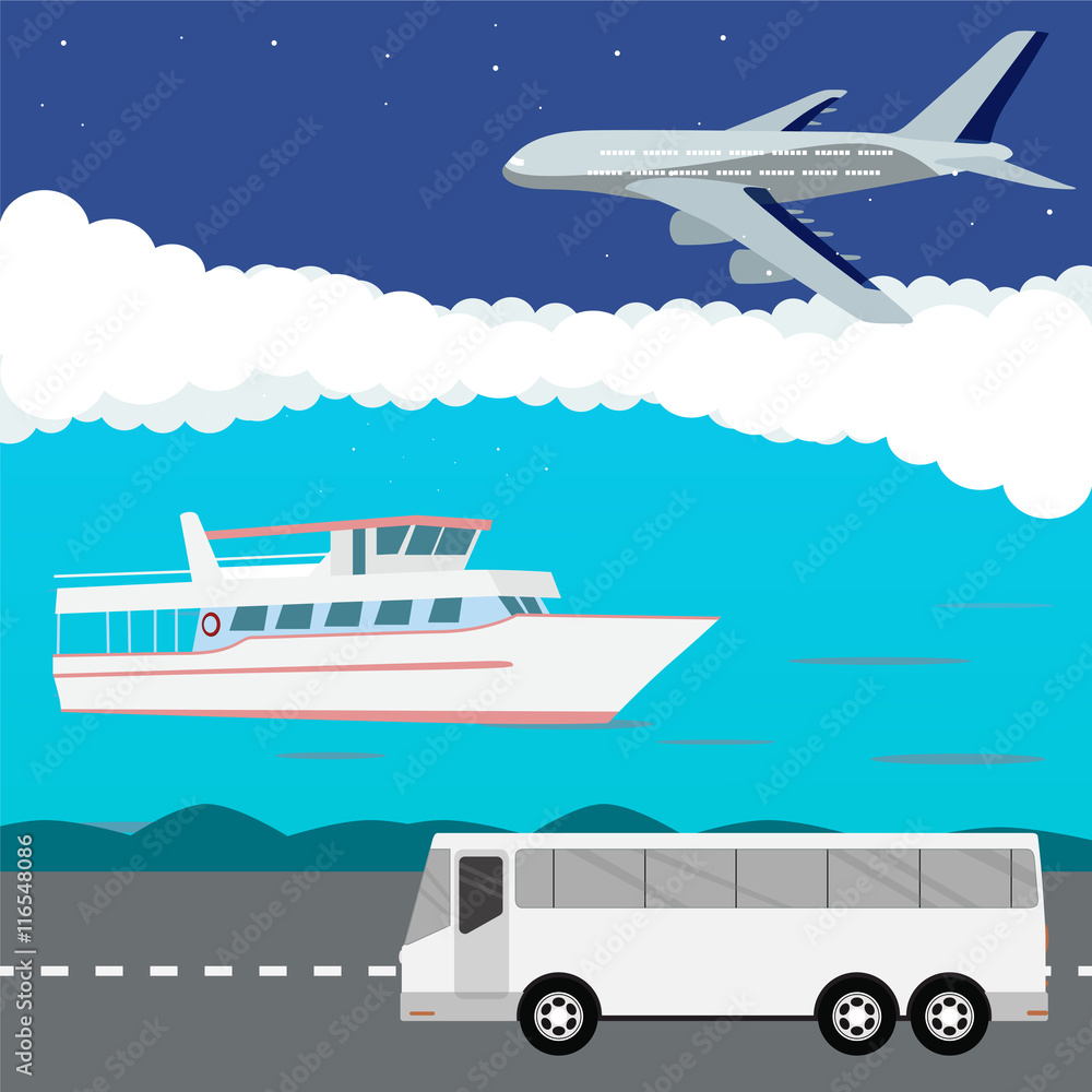 Various types of transport: car, bus, train, airoplane, air baloon, sailing boat, ship with long shadow effect. Vector set of different means of transportation.