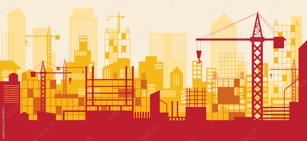 Construction Skyline, Scene, Red Background, Site, City, Urban, Facility
