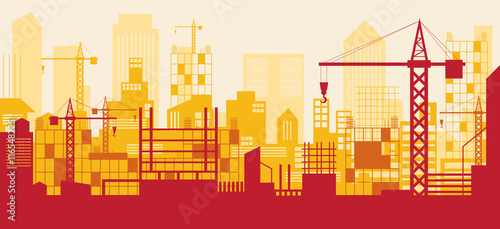 Construction Skyline, Scene, Red Background, Site, City, Urban, Facility