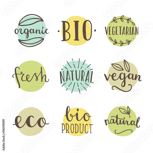 Bio, organic, natural. Set of hand drawn vector badges.