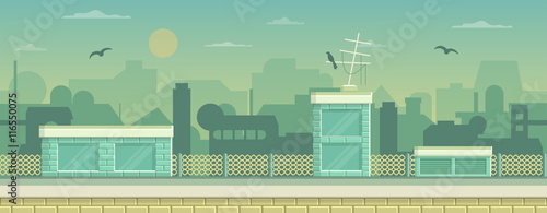 Seamless layered parallax ready runner shooter game cityline background scene. Urban environment, roofs, buildings and other elements.