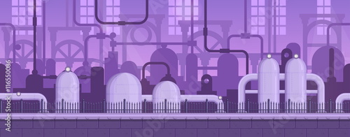 Seamless layered parallax ready runner shooter game industrial background scene. Factory environment, machinery equipment and other elements.