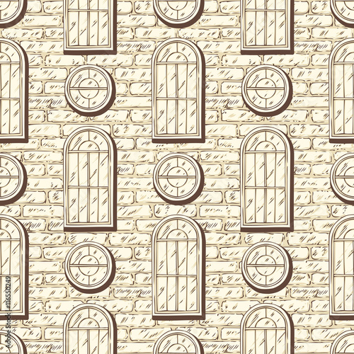 Seamless Vector Pattern with Brick Wall and Windows
