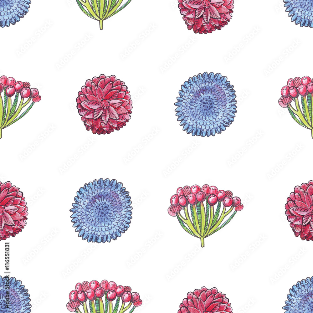 Seamless illustration with autumn flowers and viburnum berries on white background. Pattern hand drawn with colored pencils. Seamless illustration with autumn flowers and viburnum berries on white background. Pattern hand drawn with colored pencils.