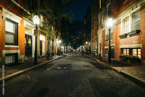 A street at night, in Beacon Hill, Boston, Massachusetts.
