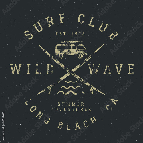 Surfing tee design in vintage rubber style with surf symbols - old rv car, surfboards and summer typography - wild wave, surf club. Vector hipster patch for t shirt, clothing print