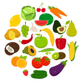 Fruits and Vegetables icons. Organic fruits and vegetables template. Healthy eating concept. Vector