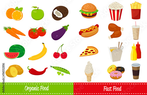 Organic food and Fast food icons. Vector